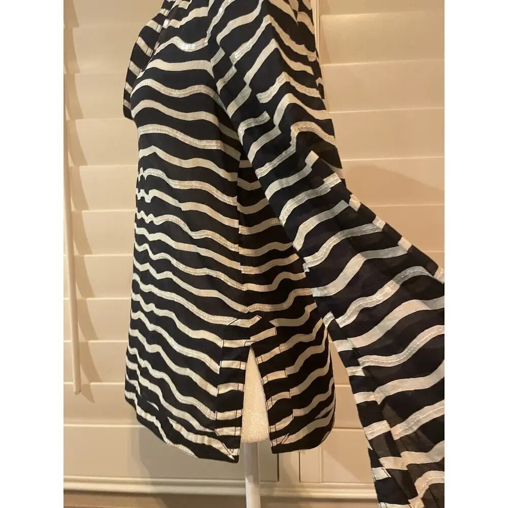 Tory Burch Sequined Tunic Top Navy White Striped Long Sleeve Blouse Popover 2 XS